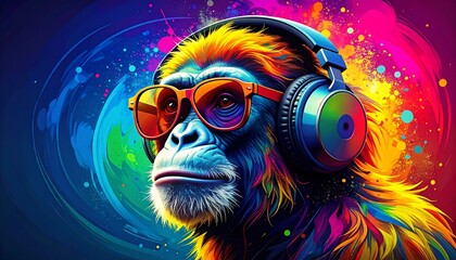Monkey with headphones and sunglasses, vibrant colors