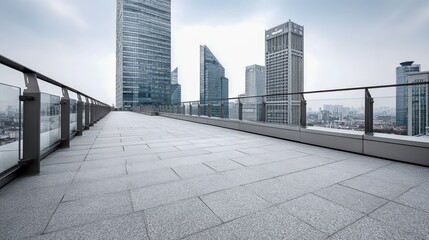 Fototapeta premium Cityscape View from Rooftop Terrace with Modern Architecture and Urban Skyline in Cloudy Sky