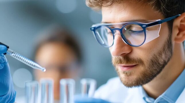Futuristic laboratory with scientists researching peptide therapy in blue light