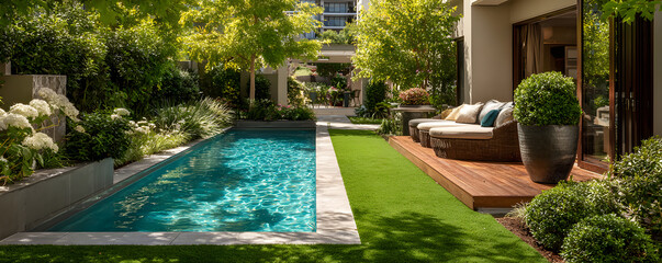 Lush green artificial grass lawn beside a modern pool, creating an inviting outdoor space.