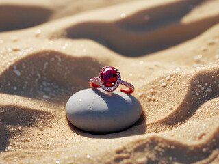 luxury ring with red ruby gemstone and red black crystal embellishment on sandstone