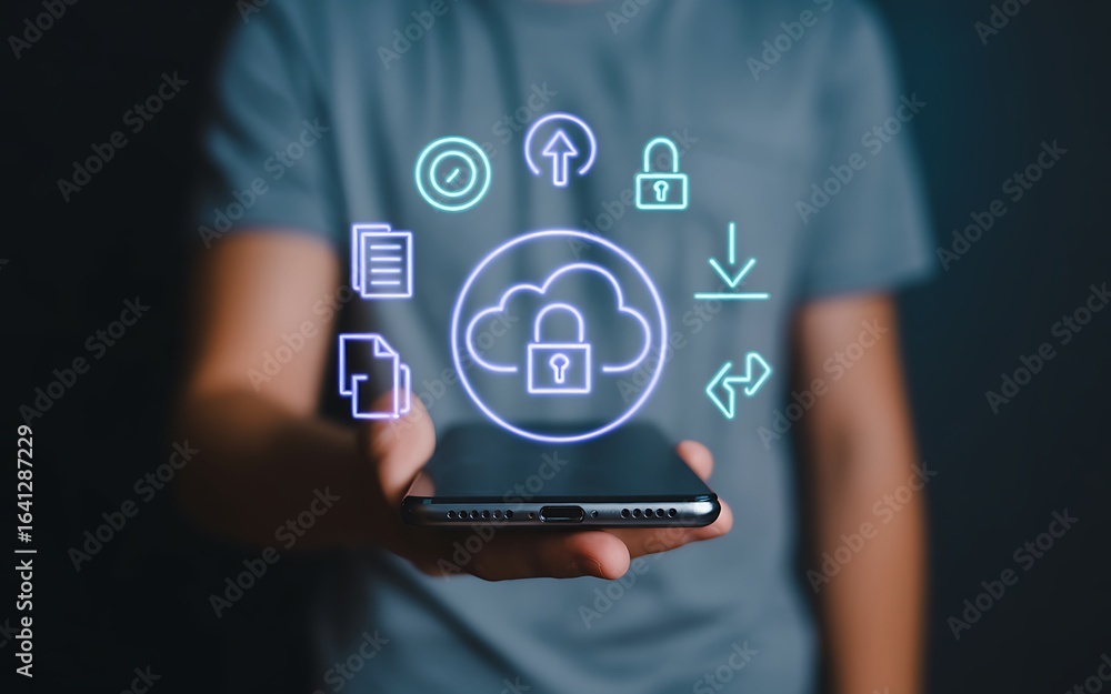 Poster a person holds a smartphone with a glowing holographic interface for secure cloud computing, showcas