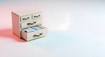 Fototapeta premium Light wood miniature dresser with brass handles one drawer open showing pastel folded fabrics