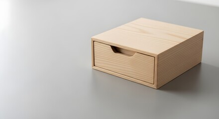 A simple wooden box with a single drawer rests on a smooth gray surface