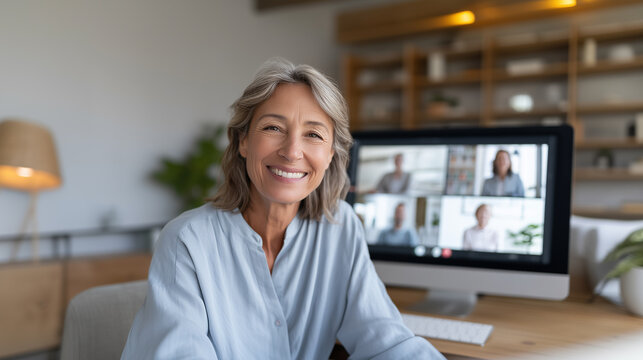 Remote work concept with a senior professional leading a virtual meeting from her home office