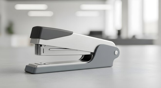 A silver and gray desktop stapler rests on a light colored surface with a blurred office background