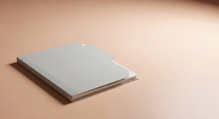 Light gray book with layered tabs sits on a neutral peach background neutral background