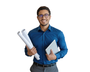 Young man with glasses in blue shirt holding blueprints and isolated on white transparent background png jpg business people clipping path cutout 2025 2026 4k full hd poster banner label download