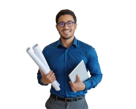 Young man with glasses in blue shirt holding blueprints and isolated on white transparent background png jpg business people clipping path cutout 2025 2026 4k full hd poster banner label download - Powered by Adobe