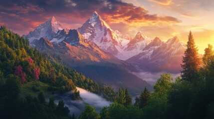 Obraz premium majestic mountain range, sunset reflection, vibrant spring foliage, towering peaks, misty valleys, dramatic lighting, panoramic view 