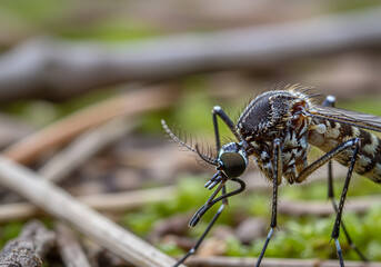 Closeup of a mosquito on the ground in a natural environment