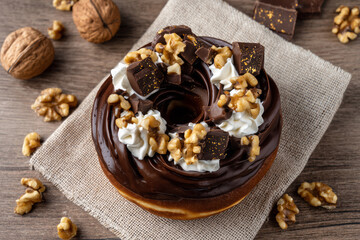Chocolate walnut donut with whipped cream