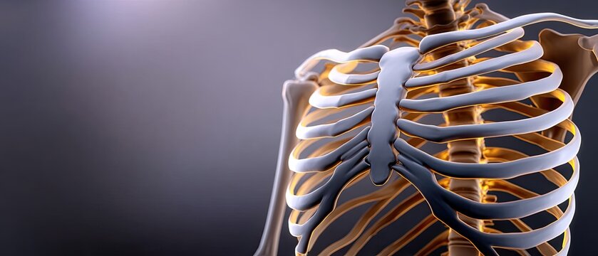 A detailed anatomical illustration of a human ribcage, showcasing skeletal structure with highlighted features against a muted background.