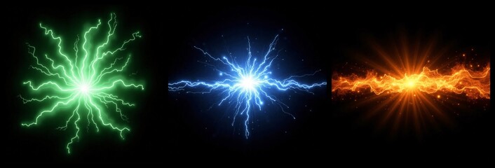 Naklejka premium Collection of vibrant light effects resembling electric blasts and fiery balls.