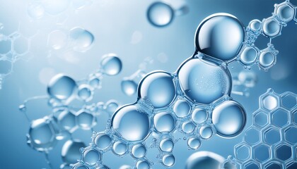 collagen or retinol or ceramide molecule cosmetic moisturizing ingredient banner molecular structure swatch bubbles moisturizer liquid essence serum or toner beauty and cosmetics blue background