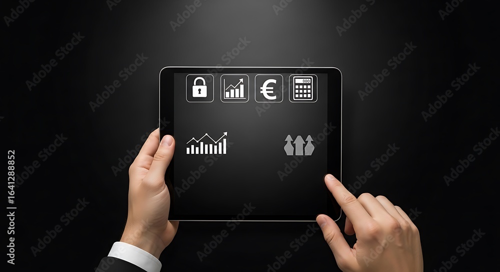 Poster digital business concept with a manager's hands on a tablet computer. the screen shows icons for fin
