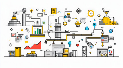 Illustration of a complex system with charts, graphs, and industrial components connected by pipes