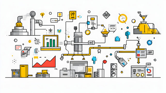 Illustration of a complex system with charts, graphs, and industrial components connected by pipes