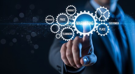 Businessman touching a digital interface with marketing gears and business concepts
