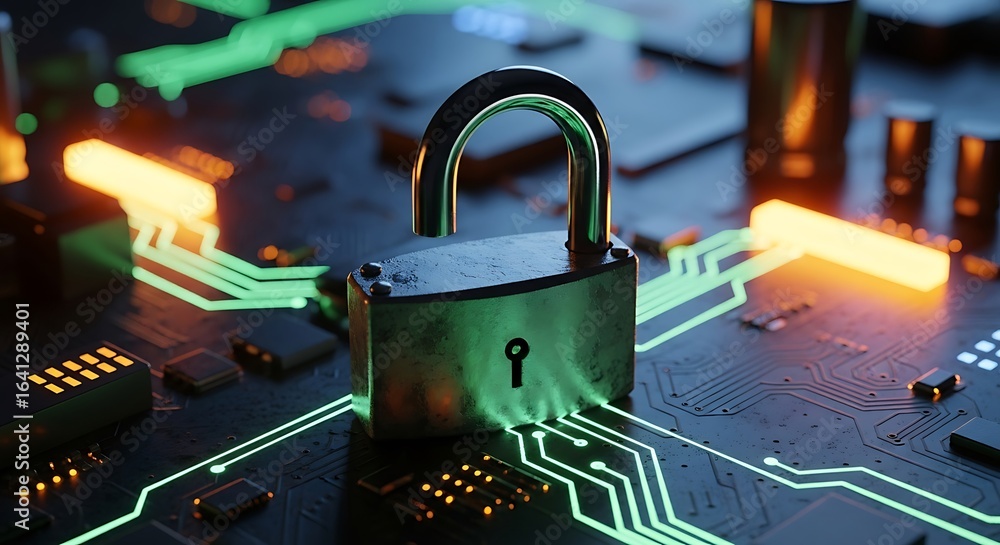 Aufkleber a futuristic padlock on a glowing circuit board representing digital cybersecurity, data encryption,