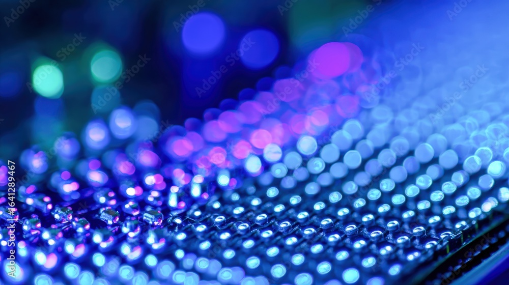 Poster abstract illuminated surface with blue and violet leds providing modern technology background with b