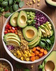Colorful Healthy Vegan  Bowl with Fresh Vegetables, Avocado, and Quinoa on Rustic Wooden Table"