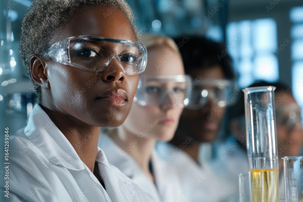 Poster diverse group of chemical technicians focused on experiments in a modern laboratory setting