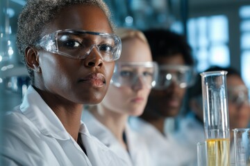Diverse group of chemical technicians focused on experiments in a modern laboratory setting