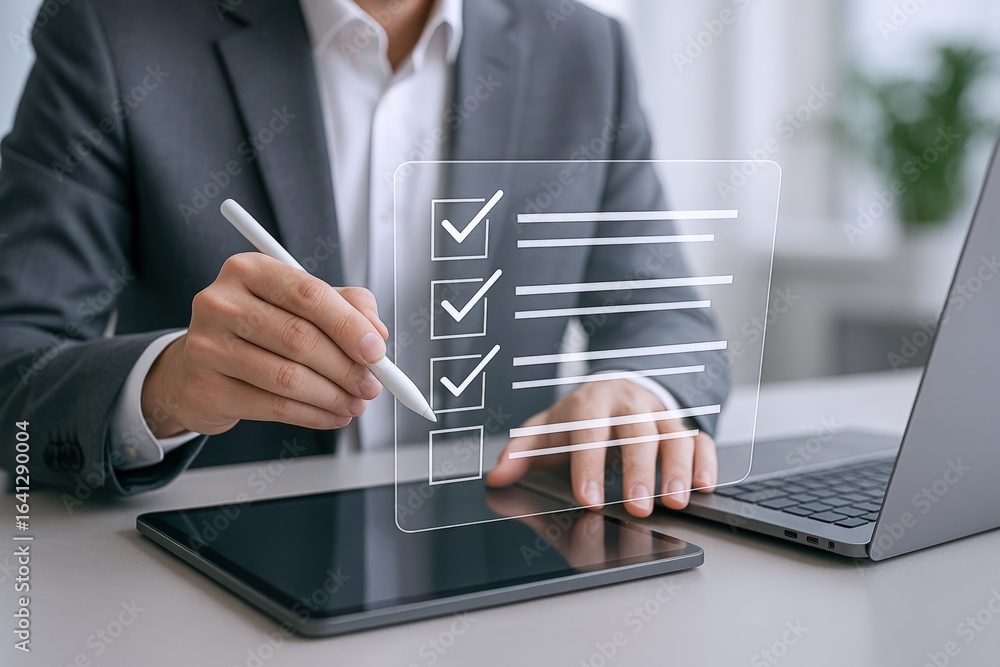 Poster businessman completing digital checklist on transparent screen with stylus, representing efficiency 
