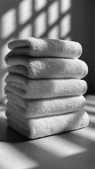 Stack of neatly arranged towels in black and white with soft shadows.
