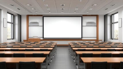 Empty university lecture hall, projector screen, autumn view