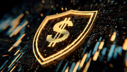 Gold shield with dollar sign, digital background