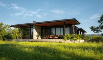 Fototapeta premium Modern house, hillside patio, sunny landscape, rural setting. Architectural design