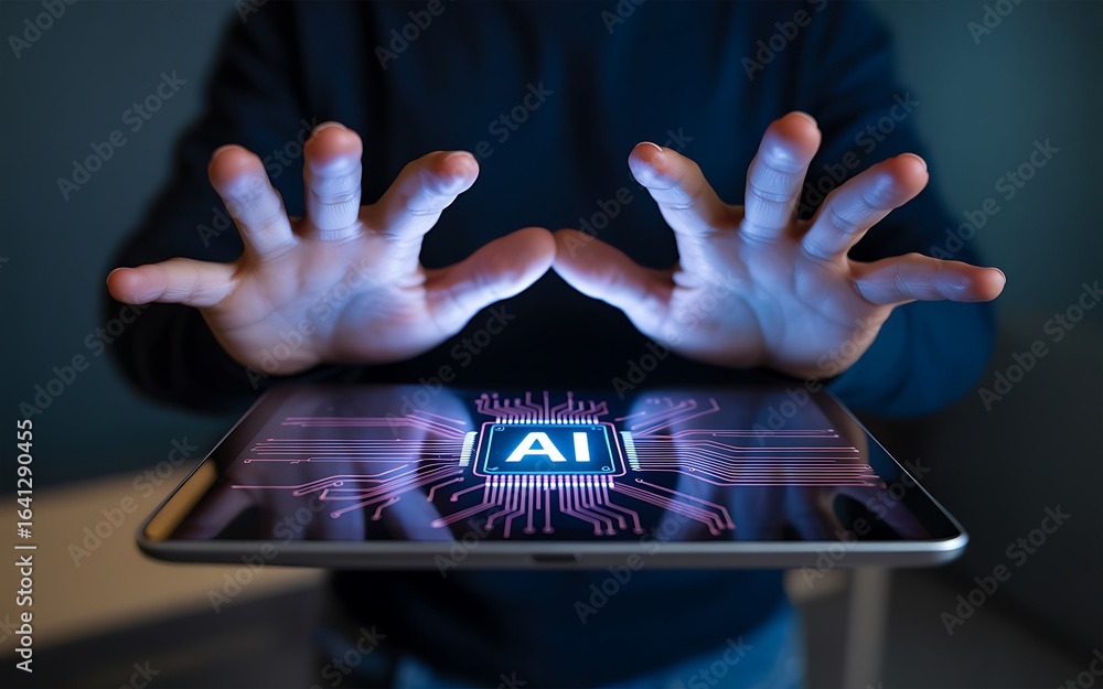 Poster a person's hands gesture over a modern digital tablet displaying a glowing blue ai processor, symbol