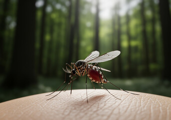 Mosquito sucks blood from human skin in the forest