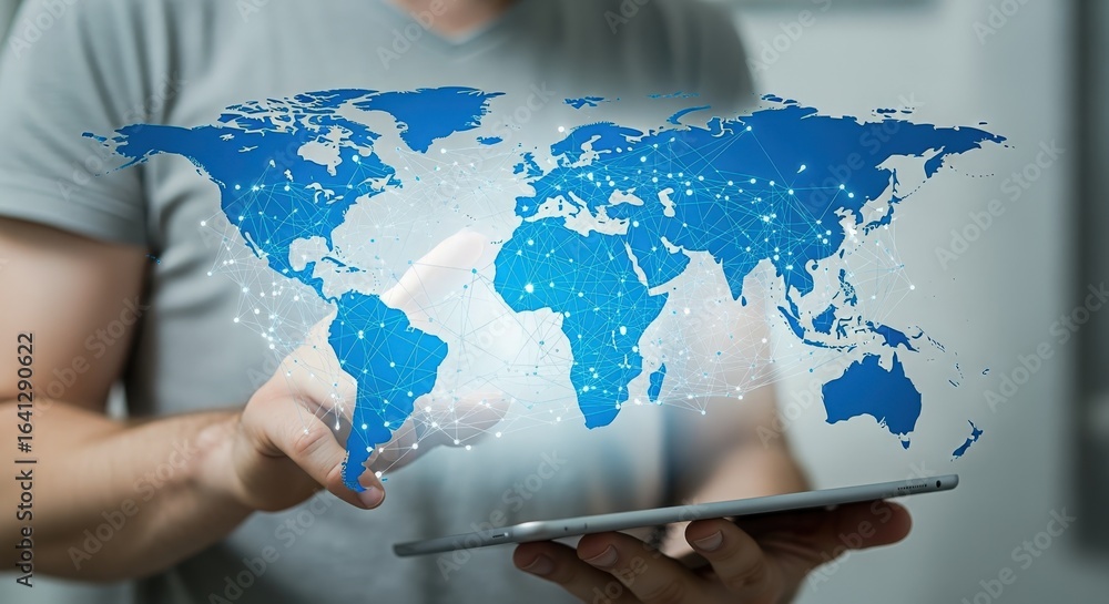 Poster global network connection: man using tablet with digital world map overlay for international busines
