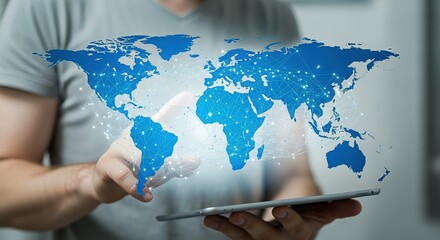 Global Network Connection: Man using Tablet with Digital World Map Overlay for International Business