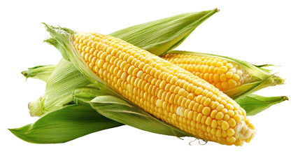 Fresh corn on the cob, green husks, vibrant yellow kernels, isolated on white background.