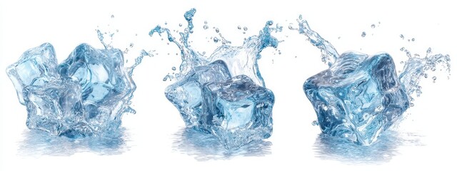 Fototapeta premium Three ice cubes with water splashes