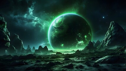 A distant planet emitting an eerie green glow in the darkness. Cinematic theme, HDR, Vibrant