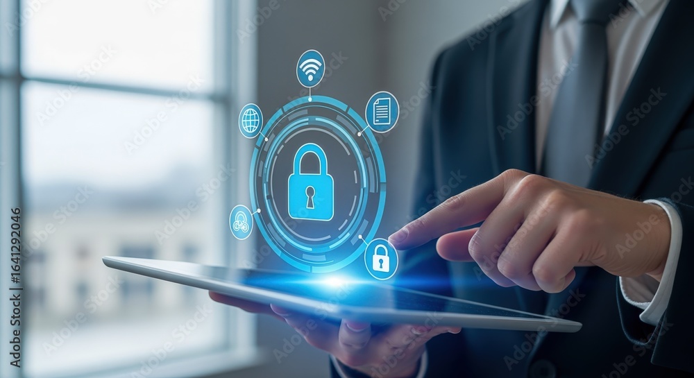 Poster cybersecurity professional securing data on a tablet with a digital padlock and encryption technolog