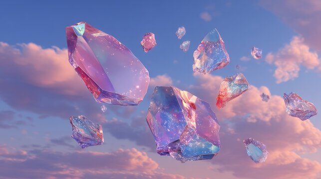floating crystal shards in a pastel sky, radiant sparkles and glowing clouds