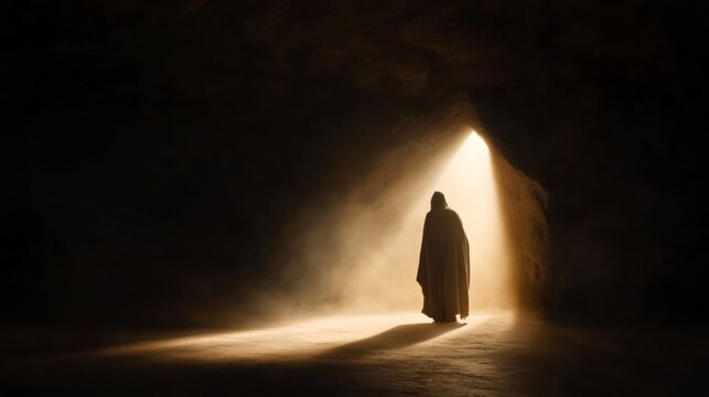 ancient cloaked wizard walking through portal of light, epic tone,