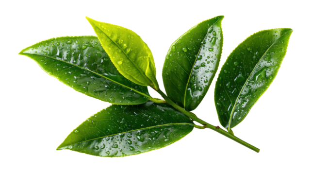 Fresh green leaves with water droplets on a white isolated background.