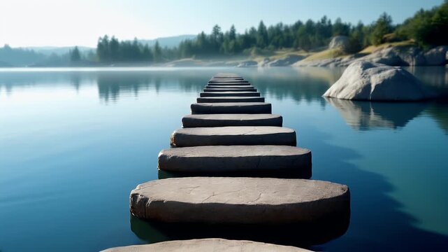 Serene Stone Path Across Calm Lake: Tranquil Nature Video Footage