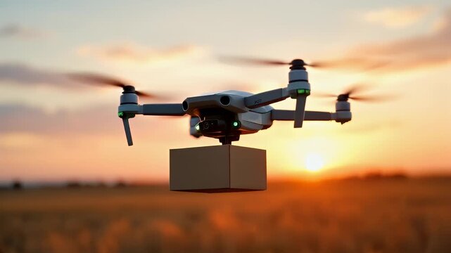 Drone Delivery: Golden Hour Package Transport Across Scenic Fields