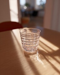 Clear glass tumbler on light table, sunbeams