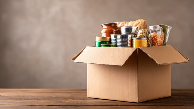 Food donation box filled with non-perishable items for charity or community outreach programs against neutral backdrop