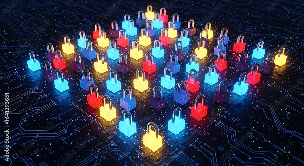Poster a futuristic concept of digital network security with glowing padlocks arranged on a circuit board, 