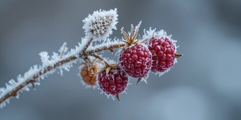 Close-up of a Frozen Raspberry Branch, Studio Shot